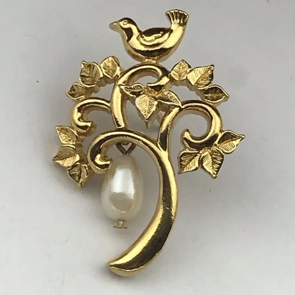 Bird On Tree Dangle Fruit Good Tone Pin Brooch Marked